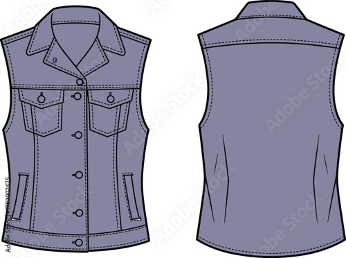 Sleeveless denim vest front and back view, button up design, flap and welt pockets, fashion flat sketch, cad drawing vector illustration