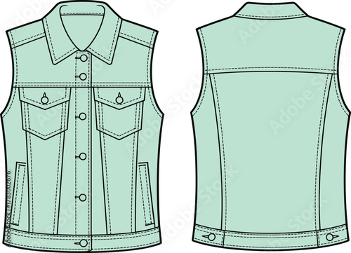 Sleeveless denim vest front and back view, button up design, chest flap pockets, fashion flat sketch, garment cad drawing vector illustration
