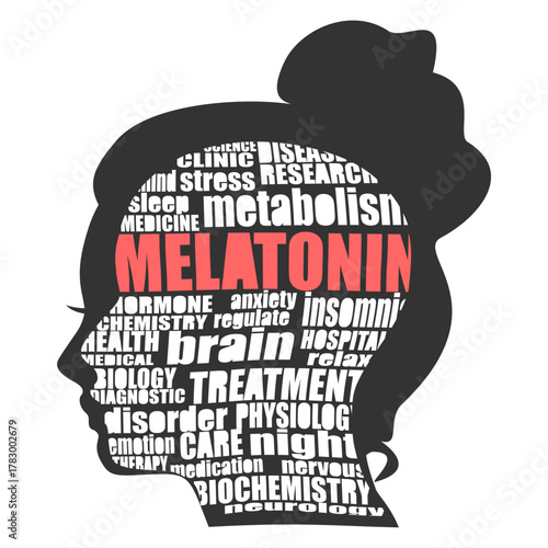 Illustration of a woman head textured by words. Melatonin relative tags or keywords cloud.