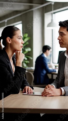 Two people in business attire engaged in conversation across a wooden table, in an office