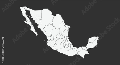 A clear political map of Mexico, distinctly outlining all its federal states and their borders on a dark gray background.