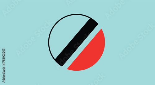 Abstract graphic design with a broken black circle, a diagonal black stripe, and a red segment on a light blue background, symbolizing division.