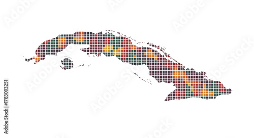 Colorful pixel map of Cuba, showcasing the island nation's distinctive shape through a vibrant mosaic of squares.