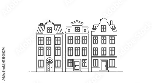An illustration featuring three traditional European-style houses with distinct architectural details, rendered in simple black and white line art.