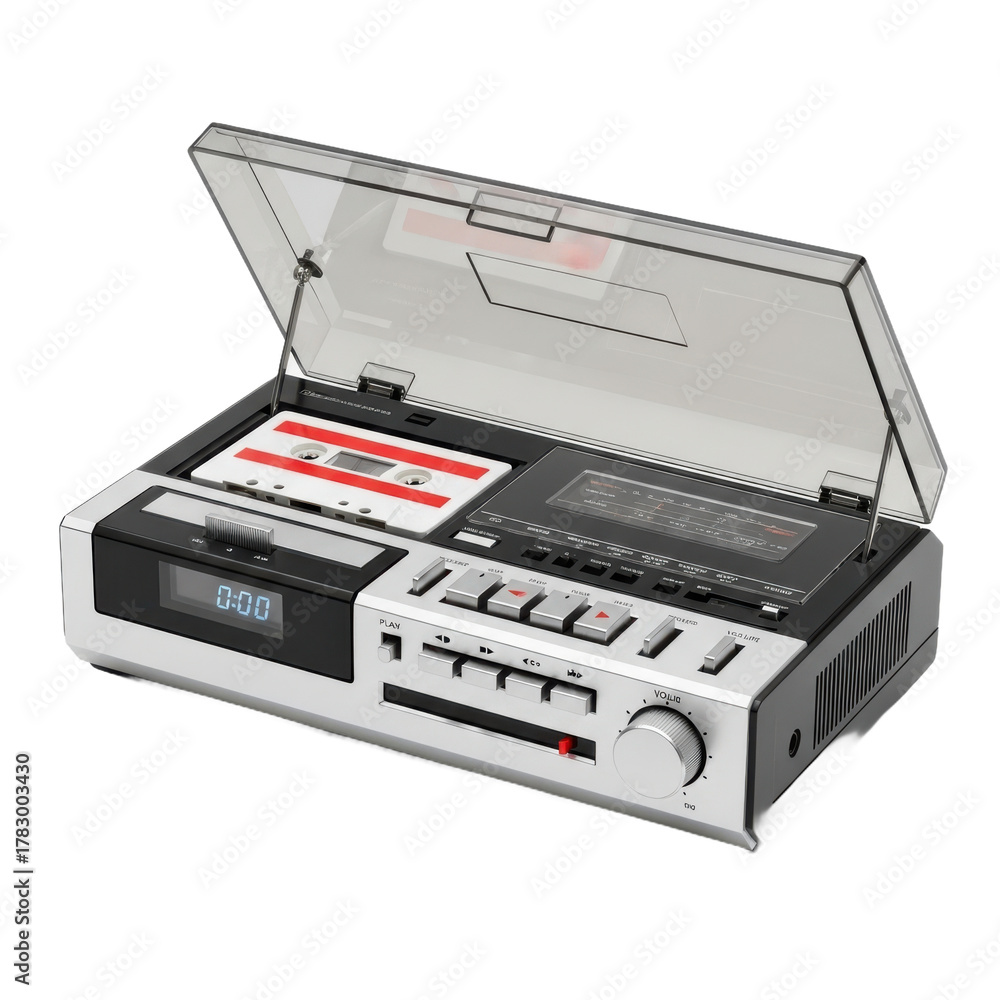 Obraz premium Retro cassette player with digital display and radio tuner evoking nostalgia and vintage audio experiences