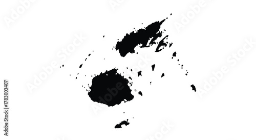 A stark black silhouette map of the Fiji island nation, an archipelago in Melanesia, highlighting its unique geographical shape on a crisp white background.