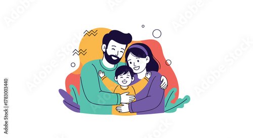 A loving family, consisting of a father, mother, and their child, embraces each other happily, symbolizing strong bonds and warmth.