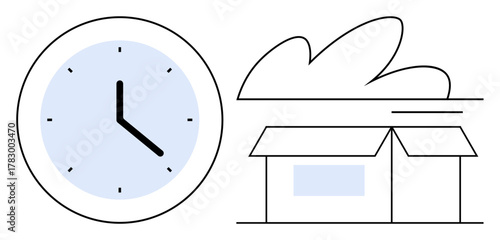 Wall clock and shipping box with a cloud illustrating punctuality, efficiency, and delivery timing. Ideal for logistics, e-commerce, supply chain, scheduling, time management, delivery services