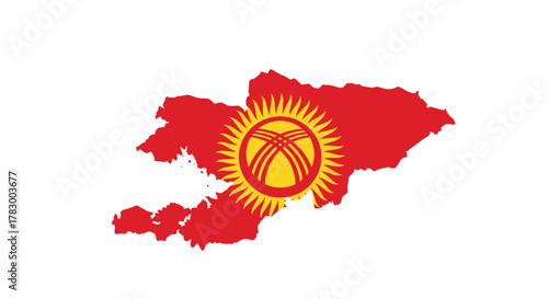 Map of Kyrgyzstan in the colors of its national flag, featuring the sun emblem and yurt dome on a white background.