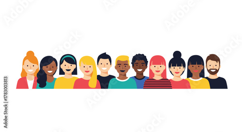 A vibrant illustration showcasing a diverse and happy community of men and women from various backgrounds smiling together.