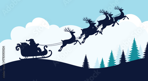 Silhouette of Santa Claus and his flying reindeer pulling a sleigh through a cloudy sky above a serene winter forest landscape.