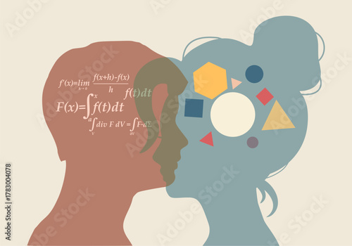 Diverse people with logical analytical mind talk communicate with imaginative creative mindset. Man and woman with different thinking have chat or communication. Relationship between two people.