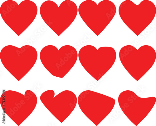 Collection of twelve vibrant red heart shapes arranged in three rows on a white background