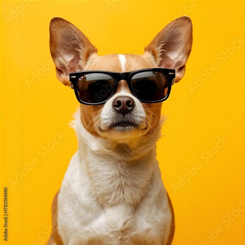 Chihuahua wearing sunglasses on a vibrant yellow background