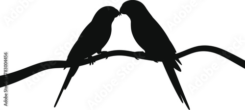 Print Two Lovebirds Parakeets Silhouette on Branch Vector