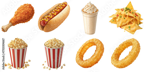 Crispy fried chicken drumstick hot dog with mustard milkshake with whipped cream nachos with cheese popcorn bucket onion rings enjoy indulgent