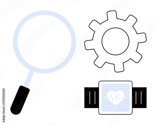 Magnifying glass, gear, and smartwatch with heart monitor. Ideal for technology, health tracking, research, innovation, efficiency productivity wearable tech. Simple flat metaphor