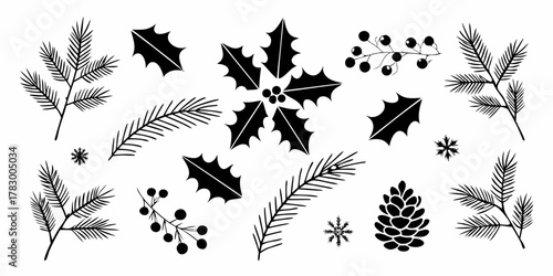 Collection of black silhouette christmas elements including pine branches holly berries snowflakes and pinecone on white background