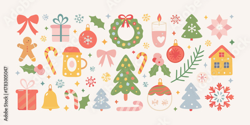 A charming collection of festive christmas icons and decorations in a playful flat design style