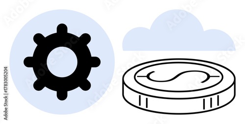 Gear and coin with dollar sign below a cloud. Represents innovation, technology, finance, operations, cloud computing, efficiency solutions. Ideal for fintech strategy data teamwork. Simple flat