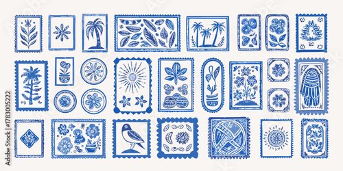 Collection of hand drawn blue stamps featuring tropical plants flowers birds and abstract patterns