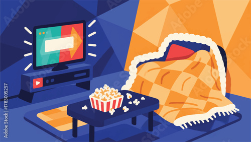 Illustration Vector Setup For A Cozy Movie Night In Popcorn, Cozy Blanket, And A Streaming Screen Vector Design Template