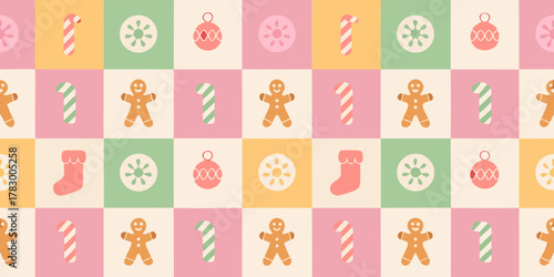 Whimsical christmas pattern with gingerbread cookies candy canes stockings and ornaments in pastel colors