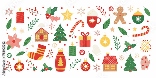 Festive christmas elements collection featuring ornaments trees gifts holly and snowflakes