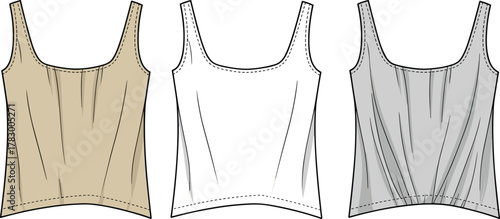 Sleeveless scoop neck top design, color variation, contour detail, fashion flat sketch, garment template, apparel outline, cad drawing flat vector illustration