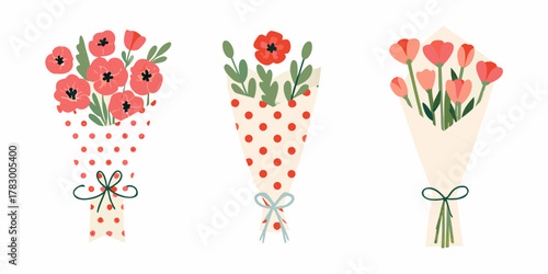 Three charming hand drawn floral bouquets with red poppies and tulips in decorative wrapping paper