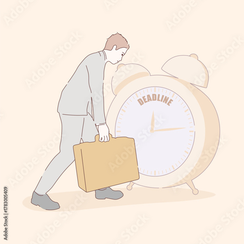 Sad and weary businessman walking with briefcase. Man feeling lonely and having mental pressure or stress. Analog clock with deadline text. Tired character with slumped shoulders.