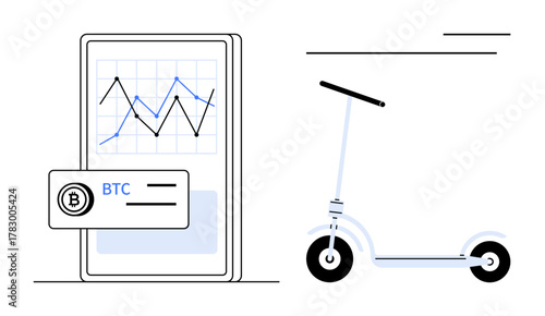 Smartphone displays Bitcoin performance graph with BTC notification. Nearby electric scooter represents tech adoption, urban transport, cryptocurrency, data analysis, mobility, and innovation. Modern