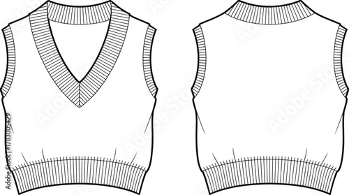 Sleeveless sweater vest front and back view, deep V-neck design, ribbed collar and hem, fashion flat sketch, cad drawing vector illustration