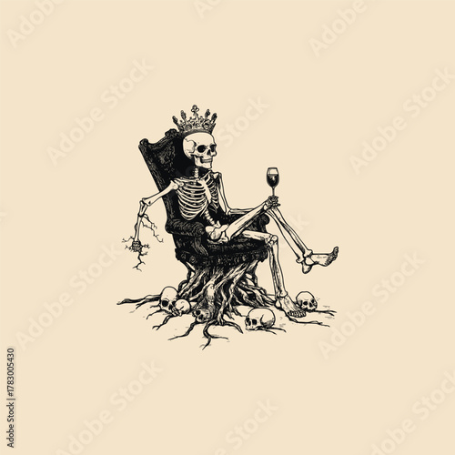 vintage engraving style illustration of a relaxed, crowned skeleton sitting comfortably in an upholstered armchair throne made of dark roots and holding a glass of wine