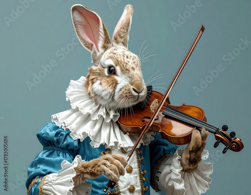 Dressed-up rabbit playing a violin, wearing a ruffle collar and blue suit
