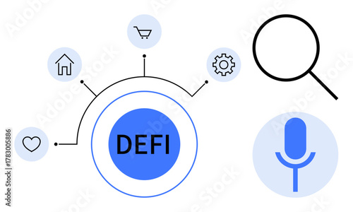 Decentralized finance hub connected to icons for home, shopping, heart, settings, search, and microphone. Ideal for blockchain, technology, innovation fintech digital transformation finance