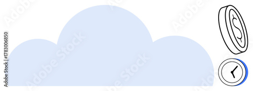 Blue cloud with dollar coin and clock emphasizing cost-effectiveness, time management, and digital productivity. Ideal for technology, cloud computing, finance, efficiency, planning, savings