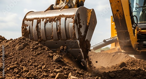 Excavator digging earth, construction site, heavy machinery, close-up view.