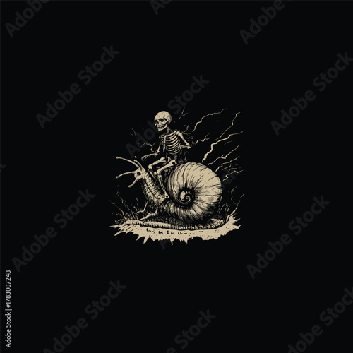 Vintage engraving style illustration featuring a human skeleton riding a giant snail