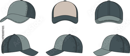 Baseball cap design collection, front and side views, mesh and solid textures, fashion accessory mockup, headwear template, sportswear illustration, cad drawing flat vector illustration