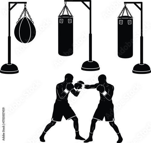 Boxing training illustration, punching bags, speed bag, heavy bag, sparring boxers, gym equipment, fight preparation, black and white, sports concept, gloves raised