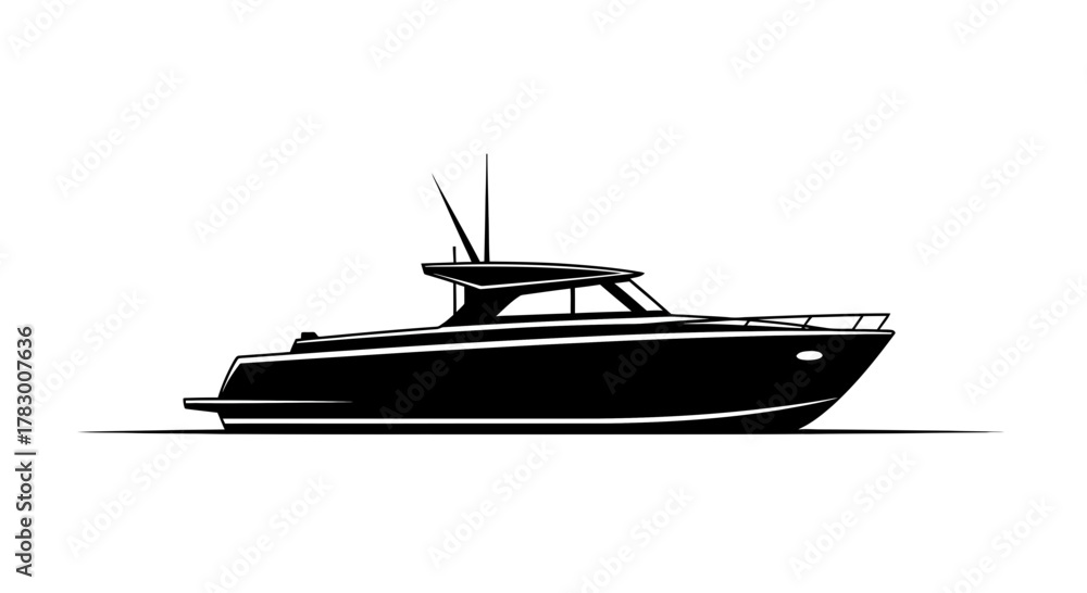 Naklejka premium Sleek modern sport fishing yacht cruising on calm water, perfect for adventure and luxury travel branding