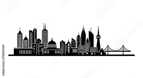 Dynamic cityscape silhouette showcasing modern skyscrapers, iconic dome building, and elegant bridge representing urban progress and ambition