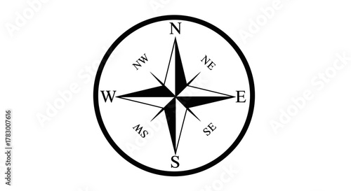 Bold black and white compass rose icon clearly indicating cardinal directions for navigation and direction finding