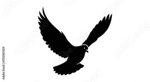 Graceful black silhouette of a dove in mid-flight, wings spread wide, symbolizing peace, freedom, and new beginnings for impactful design projects.