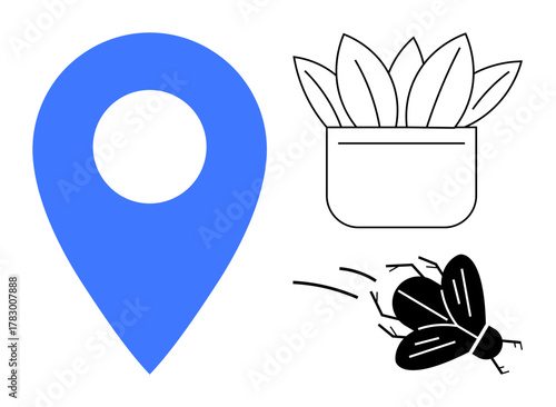 Blue pin marker alongside a potted plant and stylized buzzing fly. Ideal for navigation, nature, sustainability, agriculture, gardening, outdoor activities, and minimal design. A simple flat metaphor