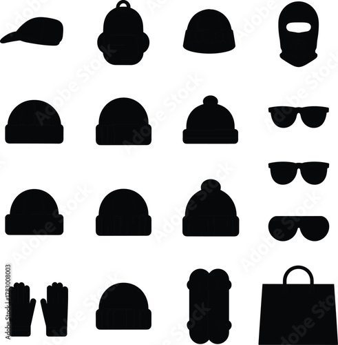 Winter accessory silhouette set, black and white outdoor gear icons, stylized beanie and sunglasses graphic, fashion accessory illustration, seasonal apparel design