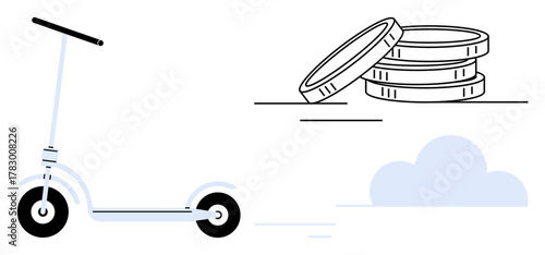 Electric scooter speeding towards coins while clouds suggest movement and efficiency. Ideal for cost-saving, eco-transport, urban mobility, sustainability, innovation, minimalism, modern lifestyle