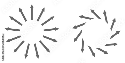 Outward Centrifugal Center Arrow Vector Dynamic arrow design pointing away from a central point, symbolizing outward force, divergence, and expansion. Ideal for diagrams, processes, and directional