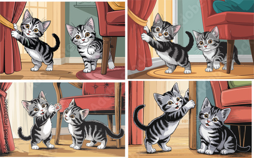 Collection of Adorable Tabby Kittens Playing Indoors Vector Illustration. Cute Pets in Home Interior Scenes.Collection of Adorable Tabby Kittens Playing Indoors Vector